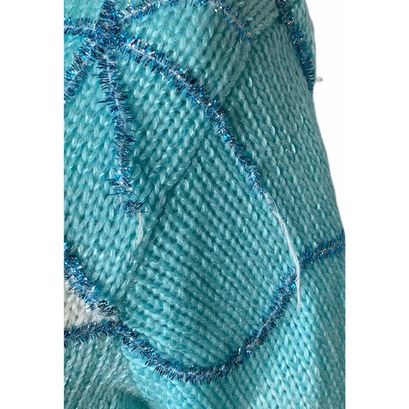 Vintage Charlotte VanHorne Turquoise Blue White Embellished V Neck Sweater Sz L - Picture 7 of 10